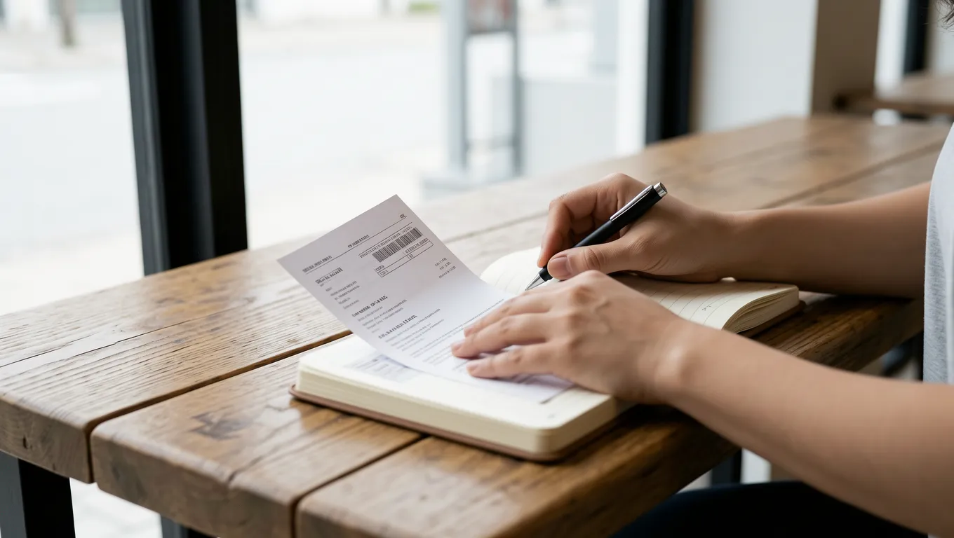 Hands organizing financial documents on a wooden cafe table