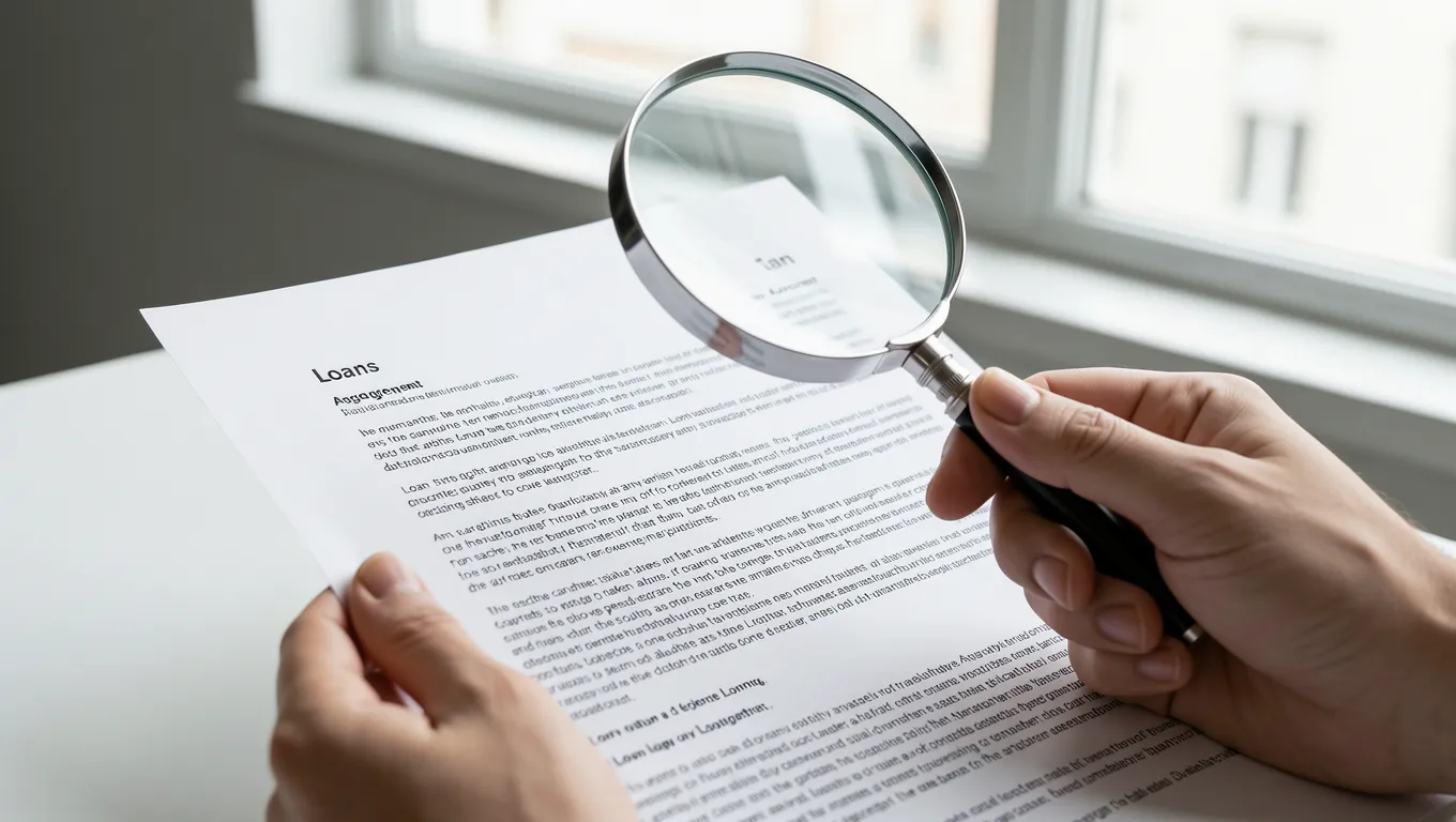 Magnifying glass inspecting fine print on a loan document