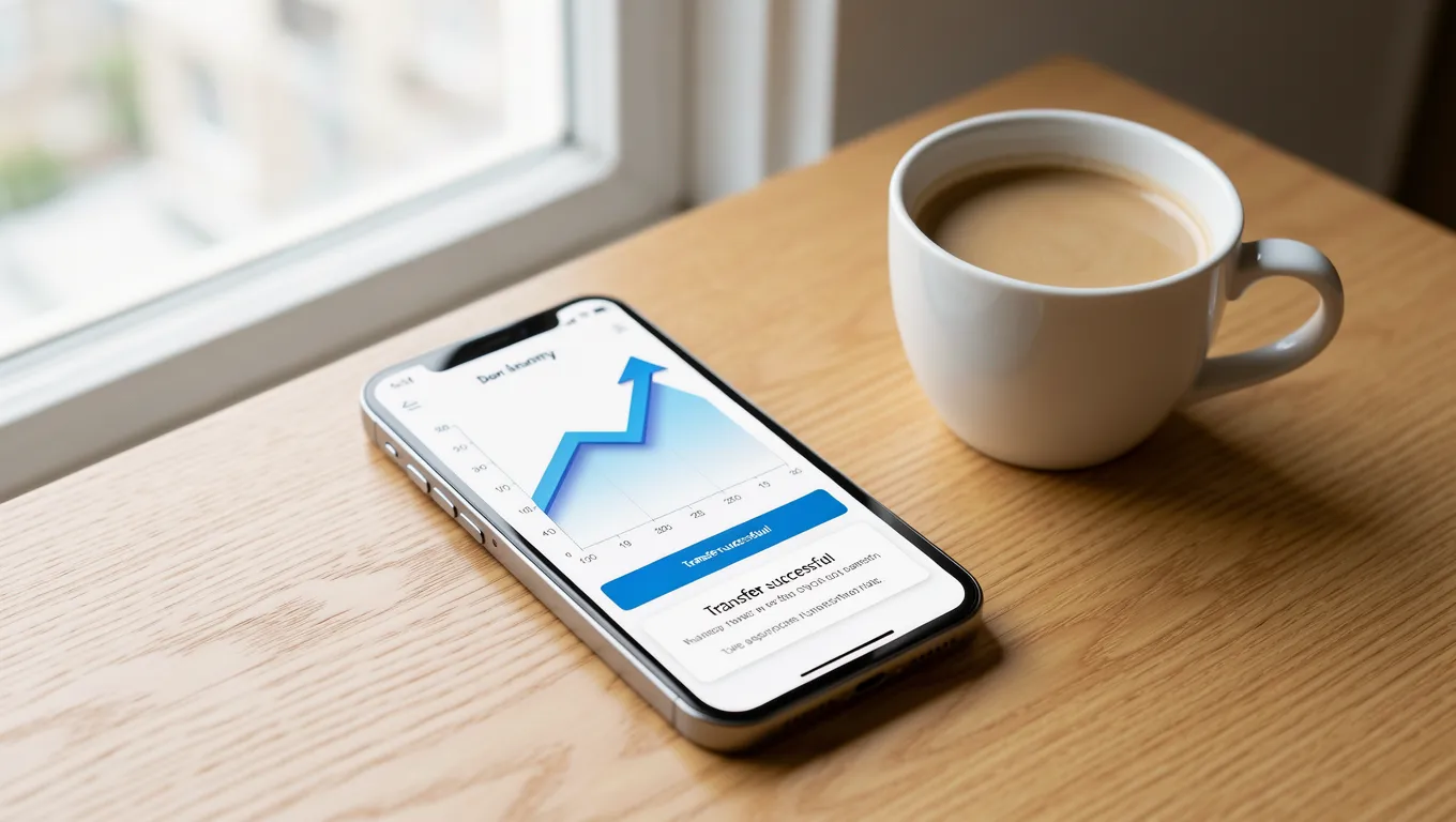 Smartphone displaying a banking app with a rising savings growth graph