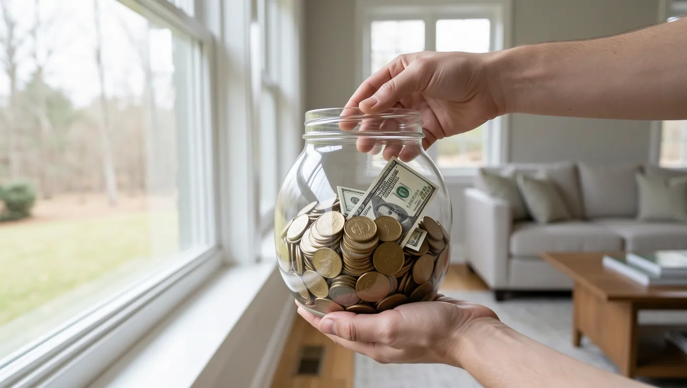Hand placing coins into a clear glass savings jar by a window