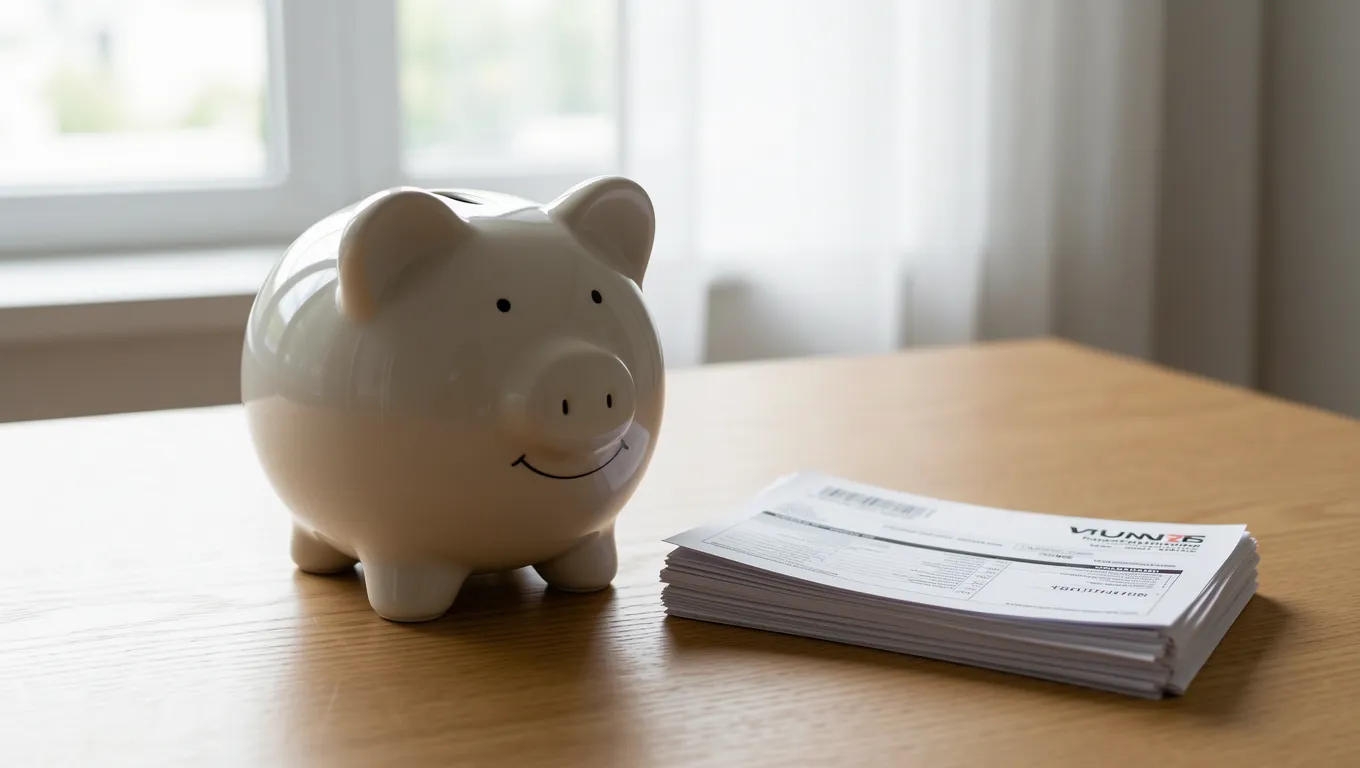 Empty piggy bank and unpaid bills representing debt stress